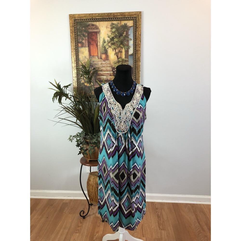 New Directions Women Shea Dress XL Boho Vacation Resort Wear Sleeveless Zip Back